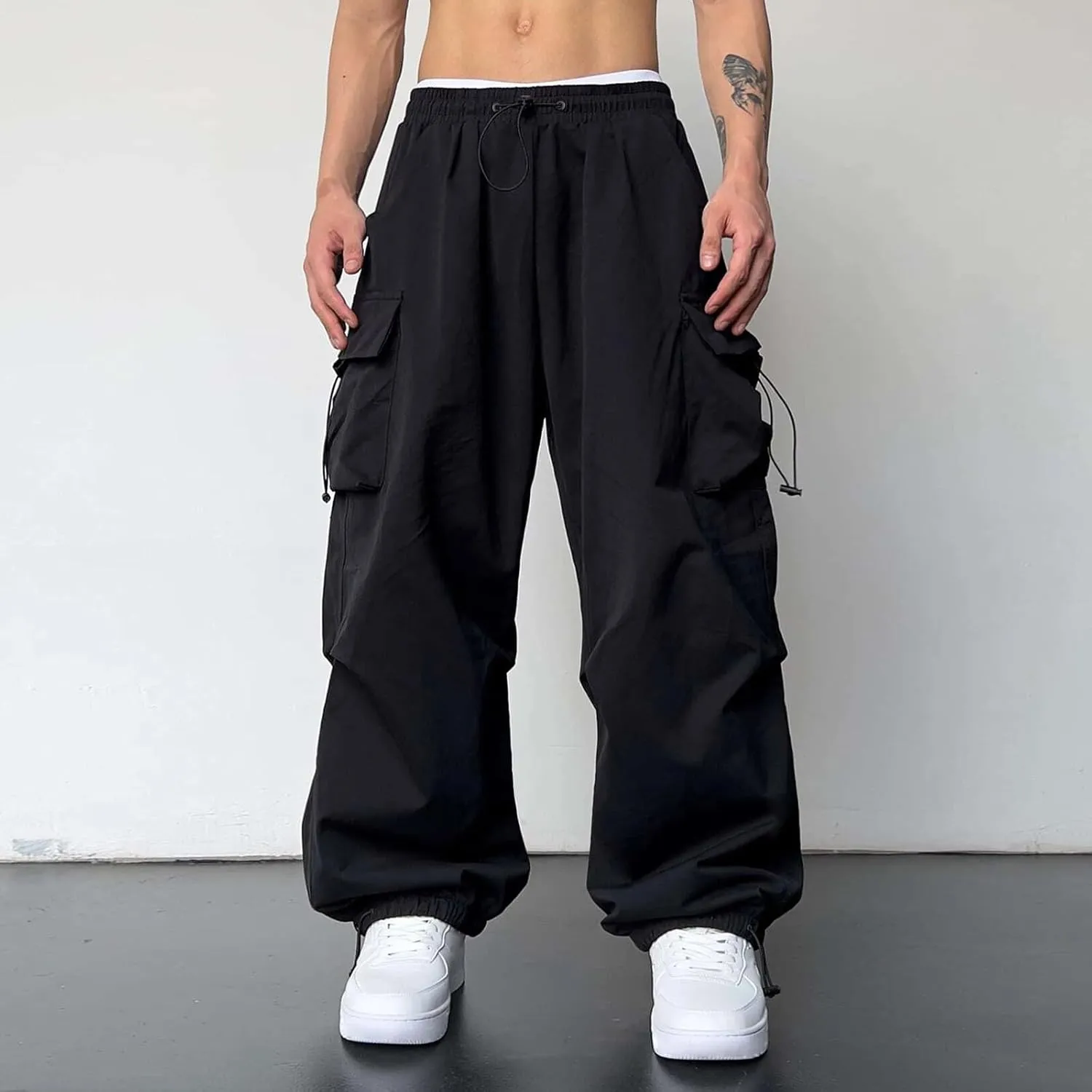 Mens Cargo Casual Pants Drawstring Loose Fit Athletic Jogger Sports Elastic Waist Outdoor Trousers Parachute Pant