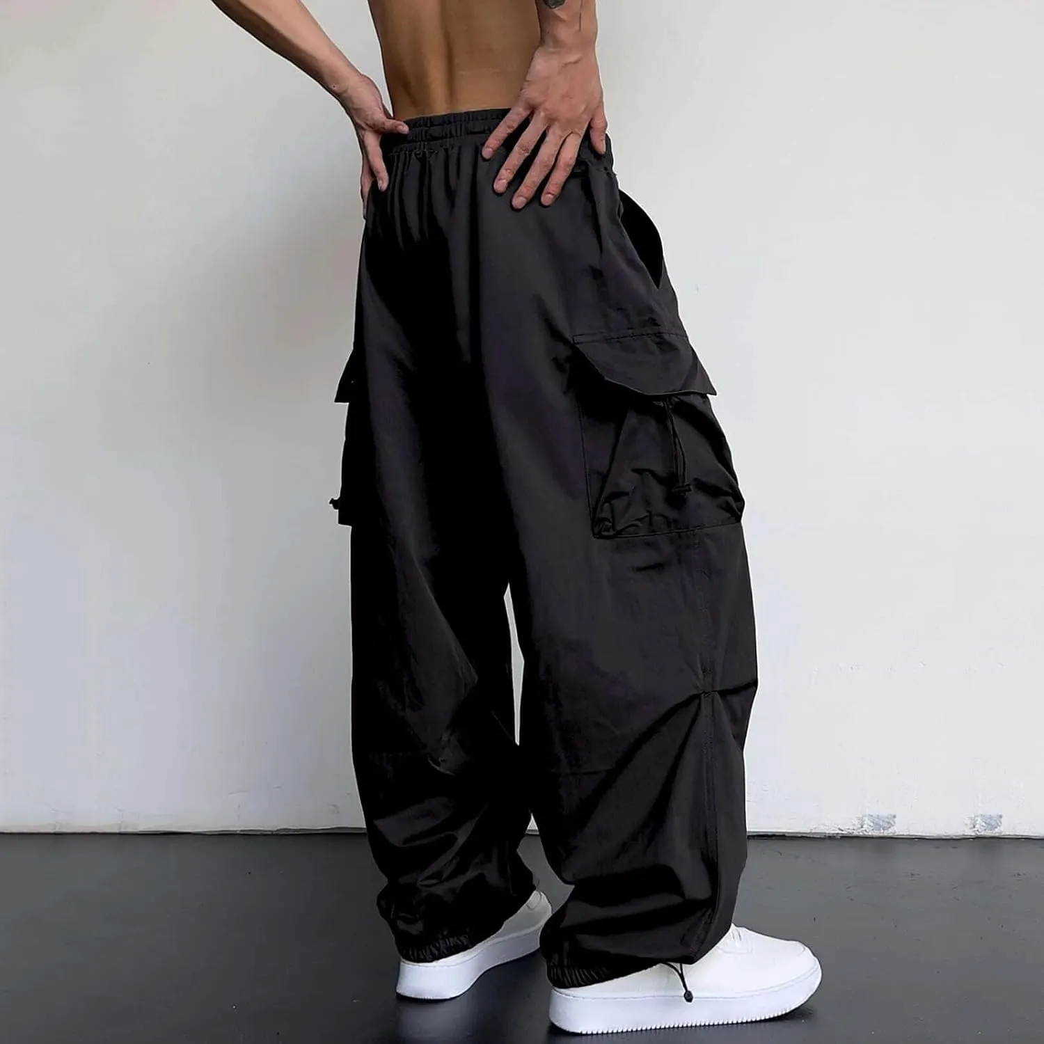 Mens Cargo Casual Pants Drawstring Loose Fit Athletic Jogger Sports Elastic Waist Outdoor Trousers Parachute Pant