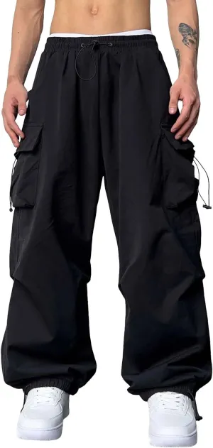 Mens Cargo Casual Pants Drawstring Loose Fit Athletic Jogger Sports Elastic Waist Outdoor Trousers Parachute Pant