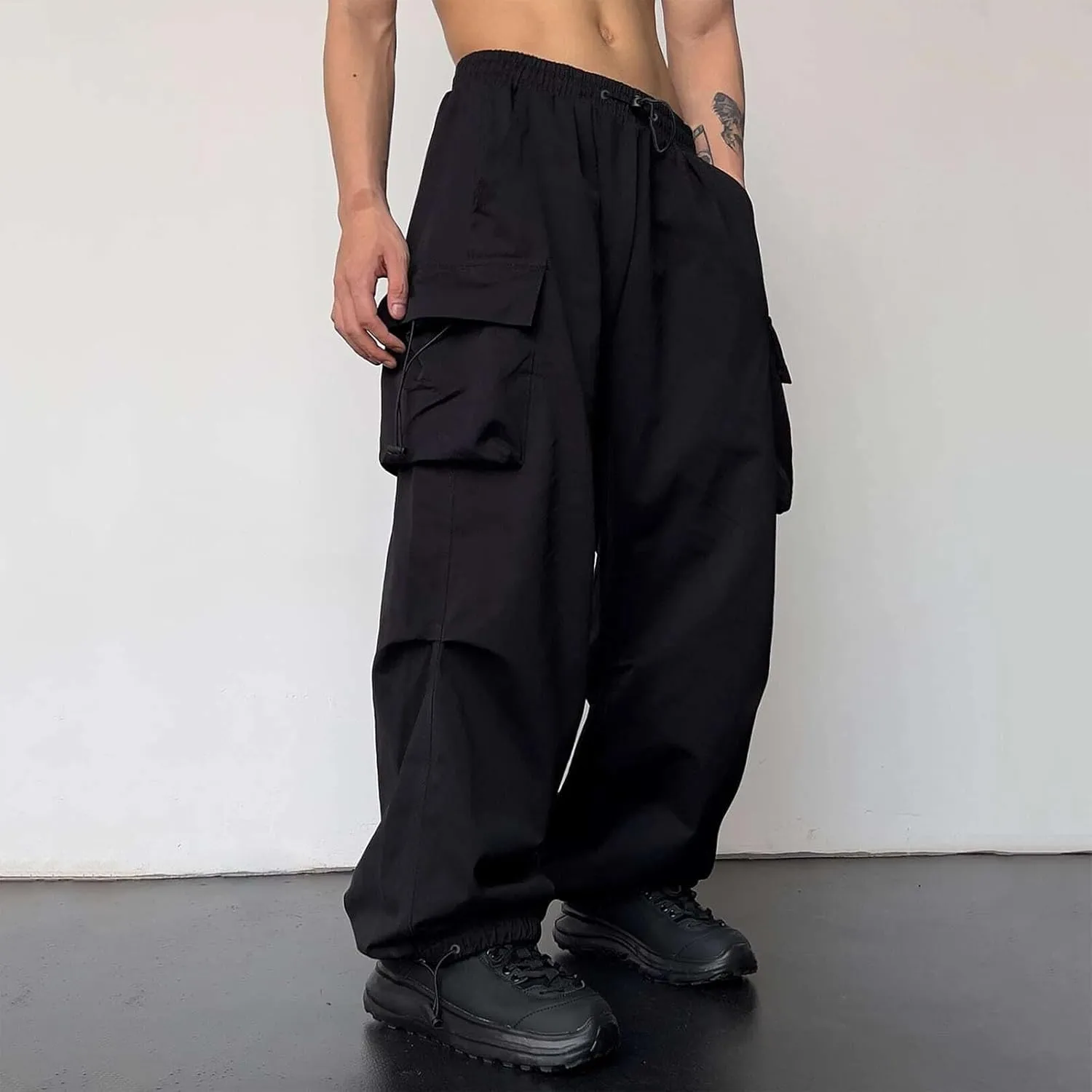 Mens Cargo Casual Pants Drawstring Loose Fit Athletic Jogger Sports Elastic Waist Outdoor Trousers Parachute Pant