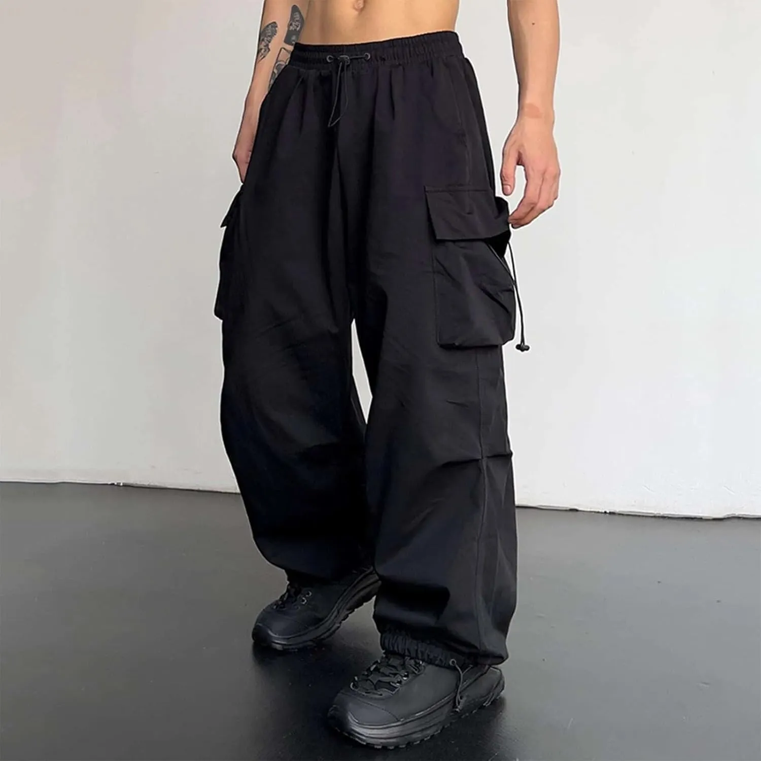 Mens Cargo Casual Pants Drawstring Loose Fit Athletic Jogger Sports Elastic Waist Outdoor Trousers Parachute Pant
