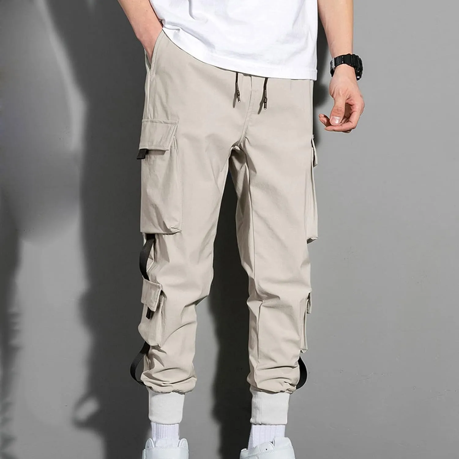 Mens Cargo Pants Relaxed Fit Plus Size Elastic Waist Tapered Harem Pants Drawstring Lightweight Baggy Athleric Joggers