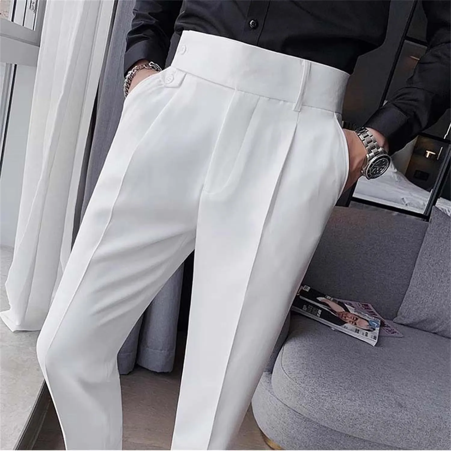 Men's Casual Chino Pants Solid Slim Fit Stretch Work Suit Pants Comfy Lightweight Slacks Dress Trousers