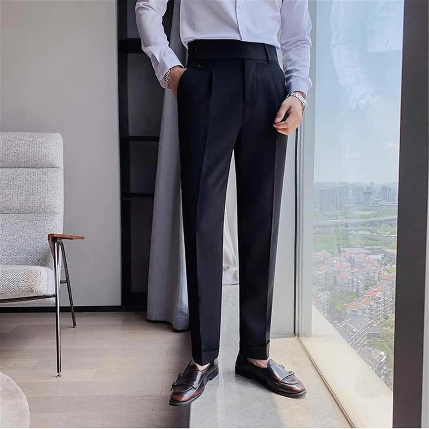 Men's Casual Chino Pants Solid Slim Fit Stretch Work Suit Pants Comfy Lightweight Slacks Dress Trousers