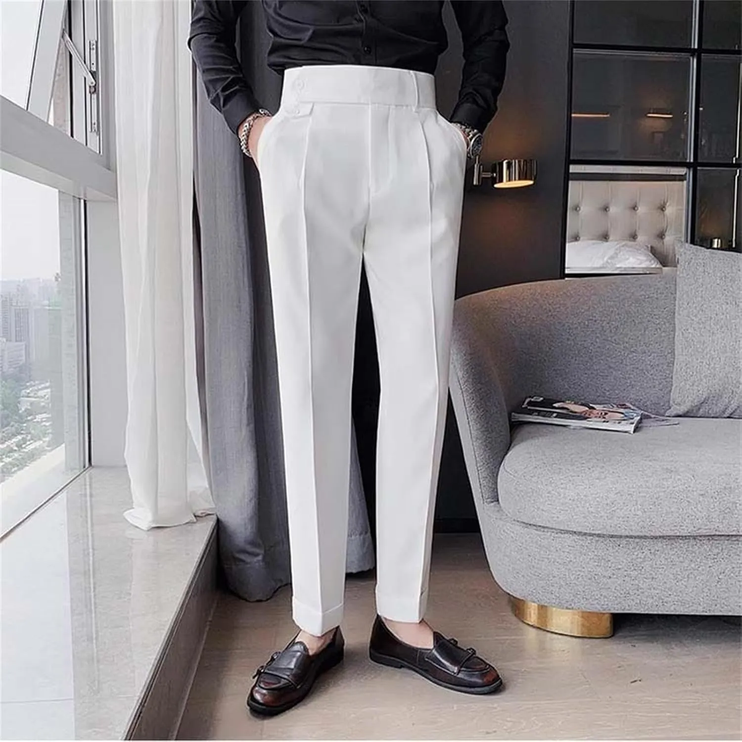 Men's Casual Chino Pants Solid Slim Fit Stretch Work Suit Pants Comfy Lightweight Slacks Dress Trousers