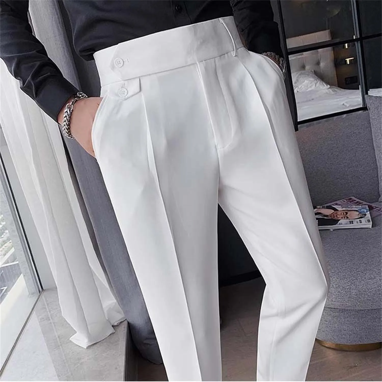 Men's Casual Chino Pants Solid Slim Fit Stretch Work Suit Pants Comfy Lightweight Slacks Dress Trousers