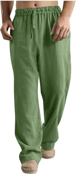 Mens Casual Cotton Pants, Drawstring Pants Men, Lightweight Elastic Waist Summer Beach Trousers Plus Size Pockets