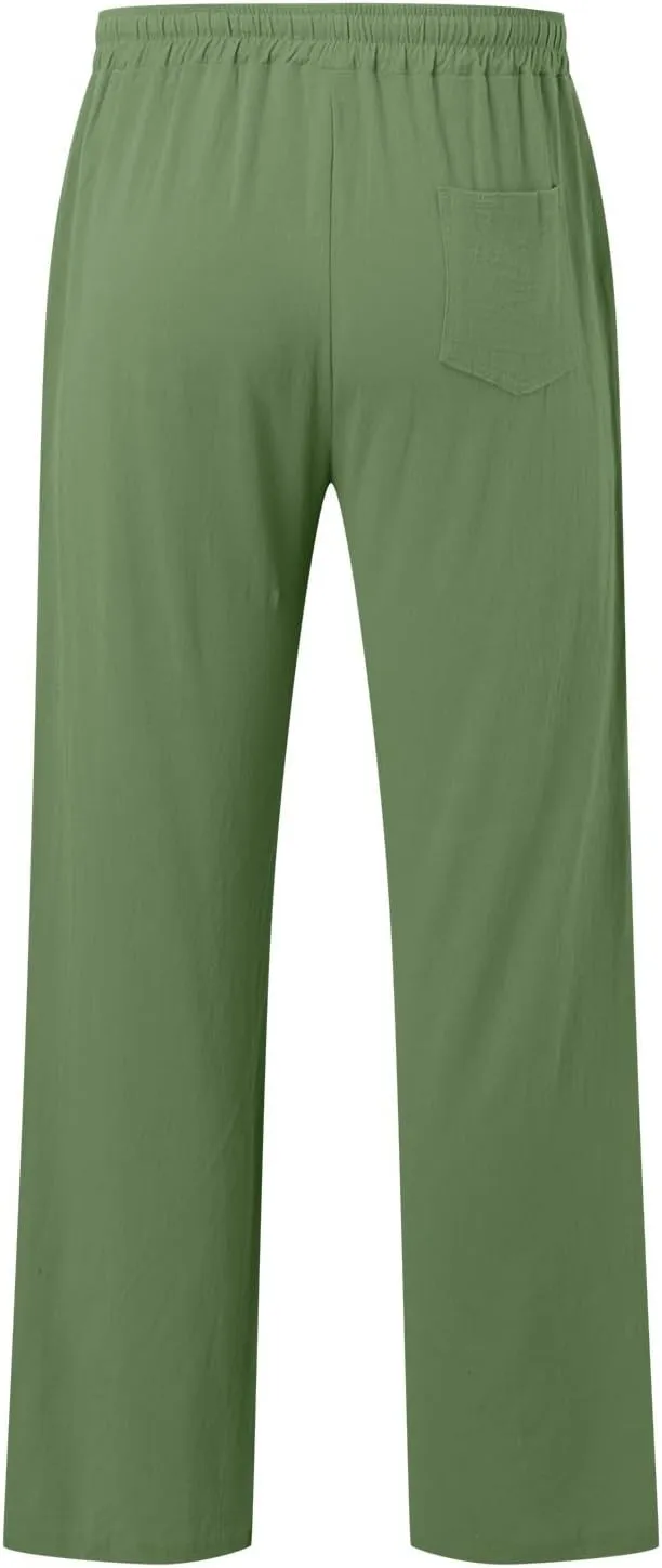 Mens Casual Cotton Pants, Drawstring Pants Men, Lightweight Elastic Waist Summer Beach Trousers Plus Size Pockets