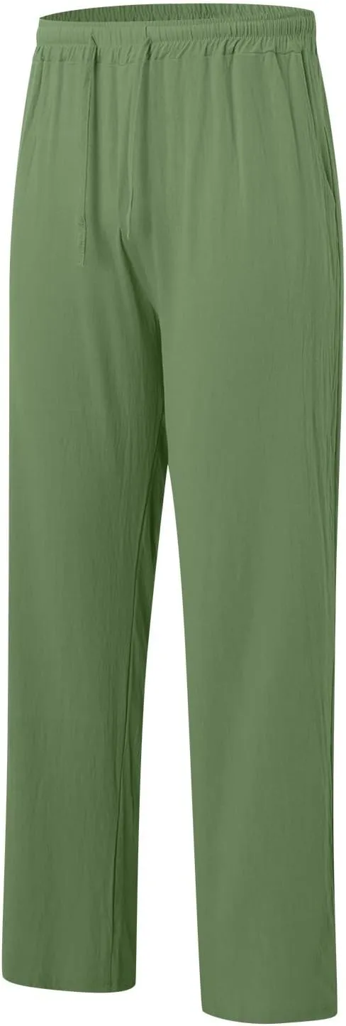 Mens Casual Cotton Pants, Drawstring Pants Men, Lightweight Elastic Waist Summer Beach Trousers Plus Size Pockets