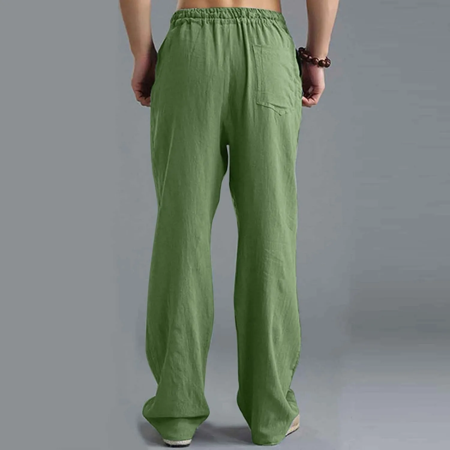 Mens Casual Cotton Pants, Drawstring Pants Men, Lightweight Elastic Waist Summer Beach Trousers Plus Size Pockets