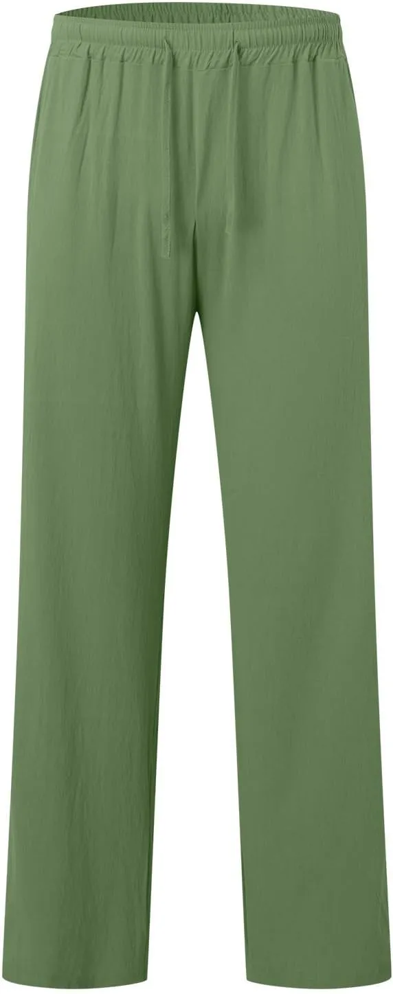 Mens Casual Cotton Pants, Drawstring Pants Men, Lightweight Elastic Waist Summer Beach Trousers Plus Size Pockets