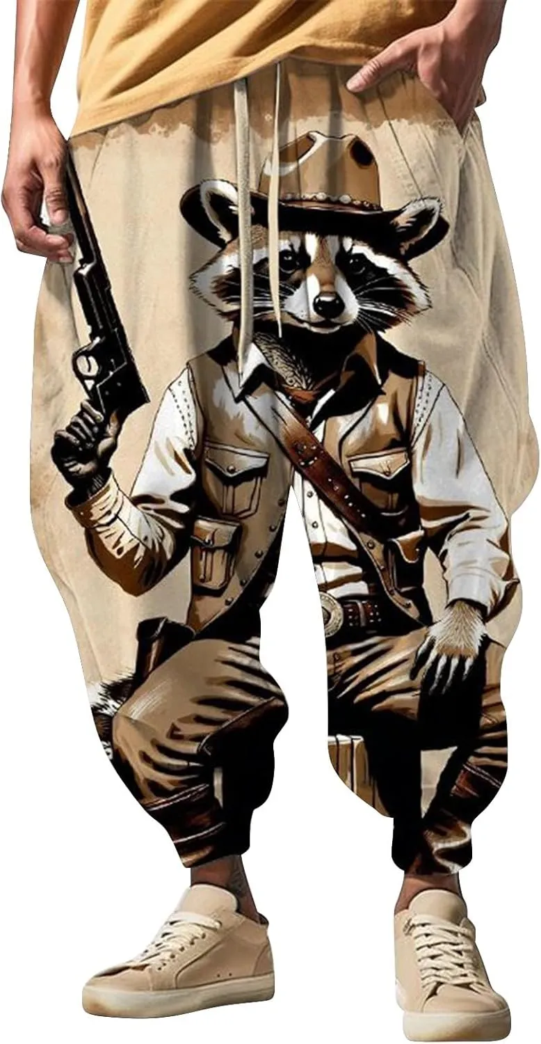 Mens Casual Joggers Pants Men's Autumn Fun Print Fashion Street Feel Baggy Hippie Elastic Waist Drop Crotch Trousers