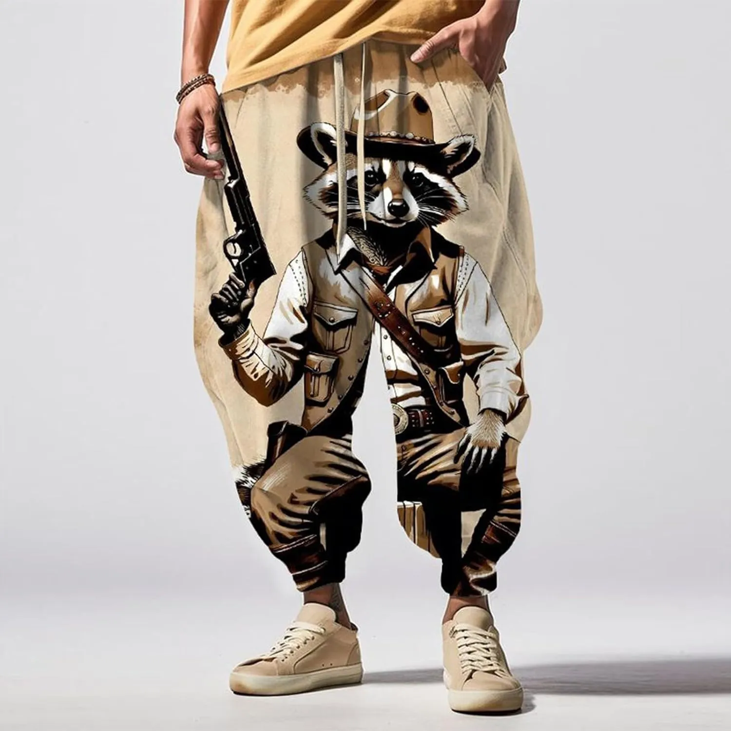 Mens Casual Joggers Pants Men's Autumn Fun Print Fashion Street Feel Baggy Hippie Elastic Waist Drop Crotch Trousers