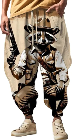 Mens Casual Joggers Pants Men's Autumn Fun Print Fashion Street Feel Baggy Hippie Elastic Waist Drop Crotch Trousers