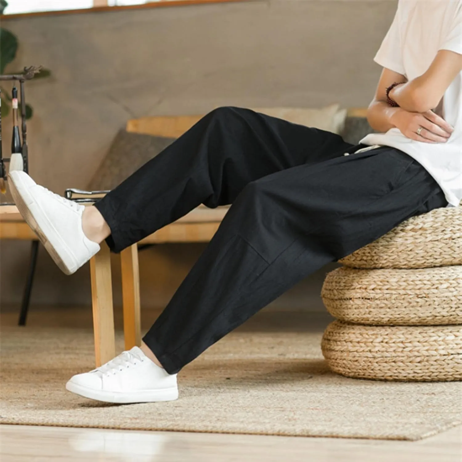 Mens Casual Pants Relaxed Fit Elastic Waist Lightweight Cotton Pants Plus Size Drawstring Summer Beach Pant with Pockets