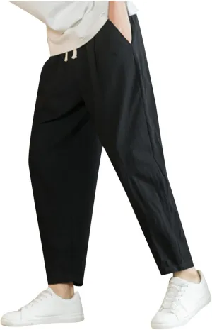 Mens Casual Pants Relaxed Fit Elastic Waist Lightweight Cotton Pants Plus Size Drawstring Summer Beach Pant with Pockets