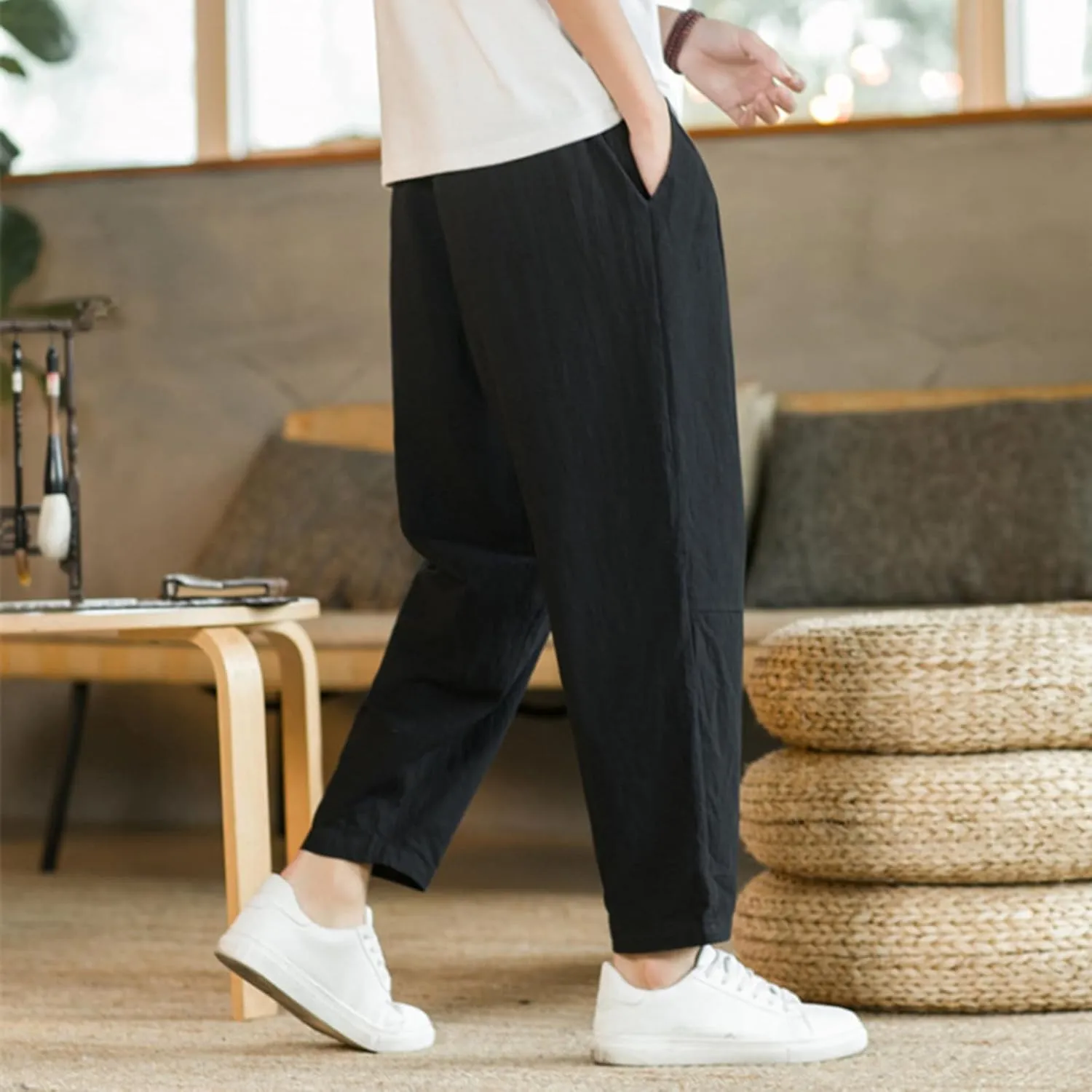 Mens Casual Pants Relaxed Fit Elastic Waist Lightweight Cotton Pants Plus Size Drawstring Summer Beach Pant with Pockets