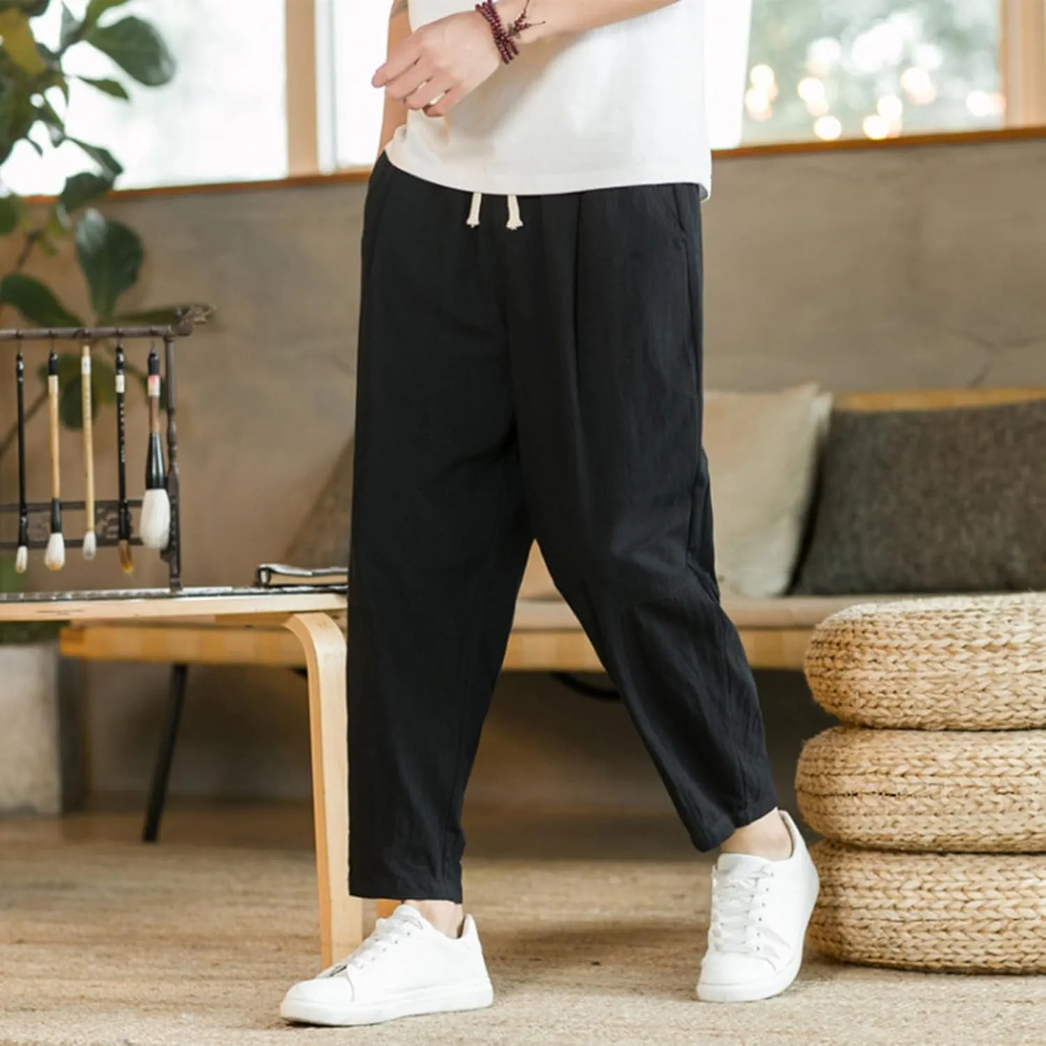Mens Casual Pants Relaxed Fit Elastic Waist Lightweight Cotton Pants Plus Size Drawstring Summer Beach Pant with Pockets