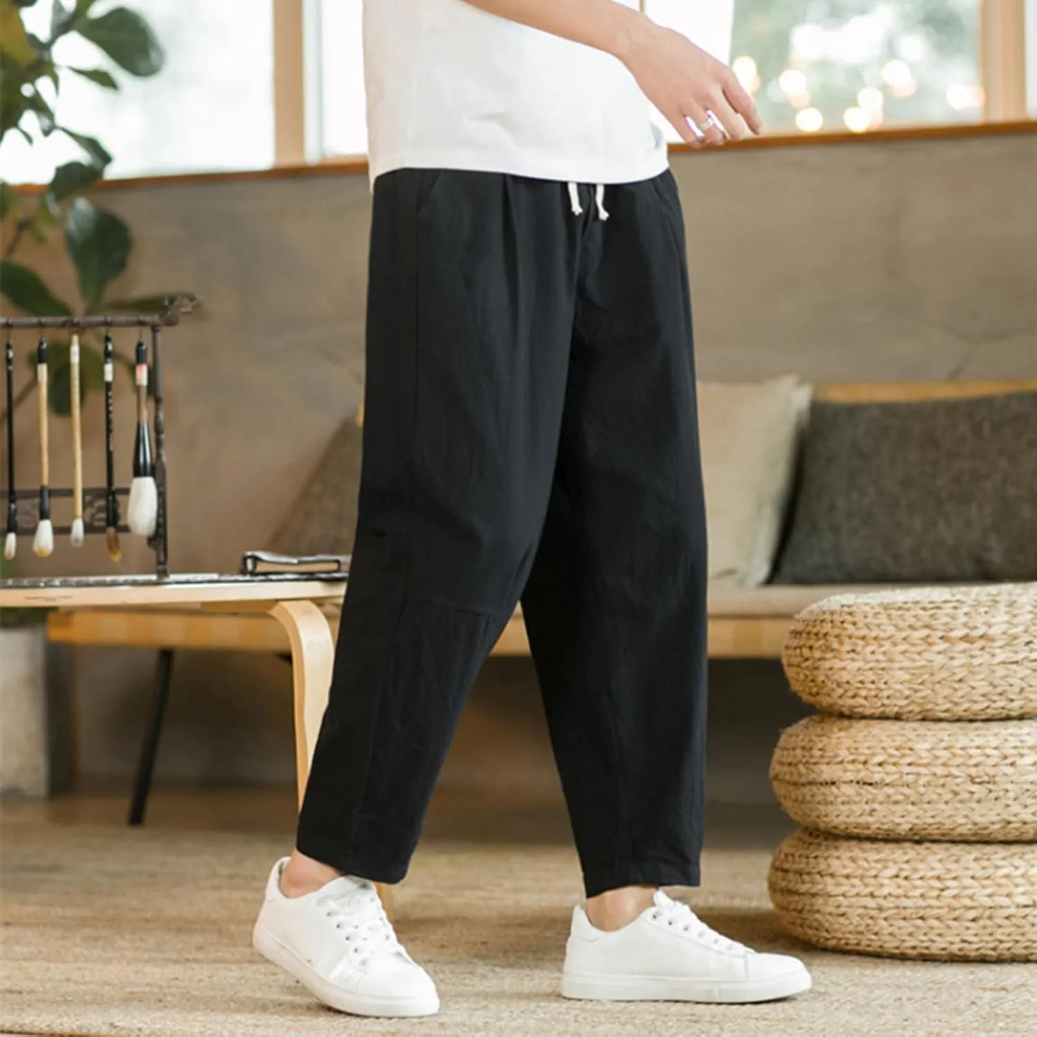 Mens Casual Pants Relaxed Fit Elastic Waist Lightweight Cotton Pants Plus Size Drawstring Summer Beach Pant with Pockets