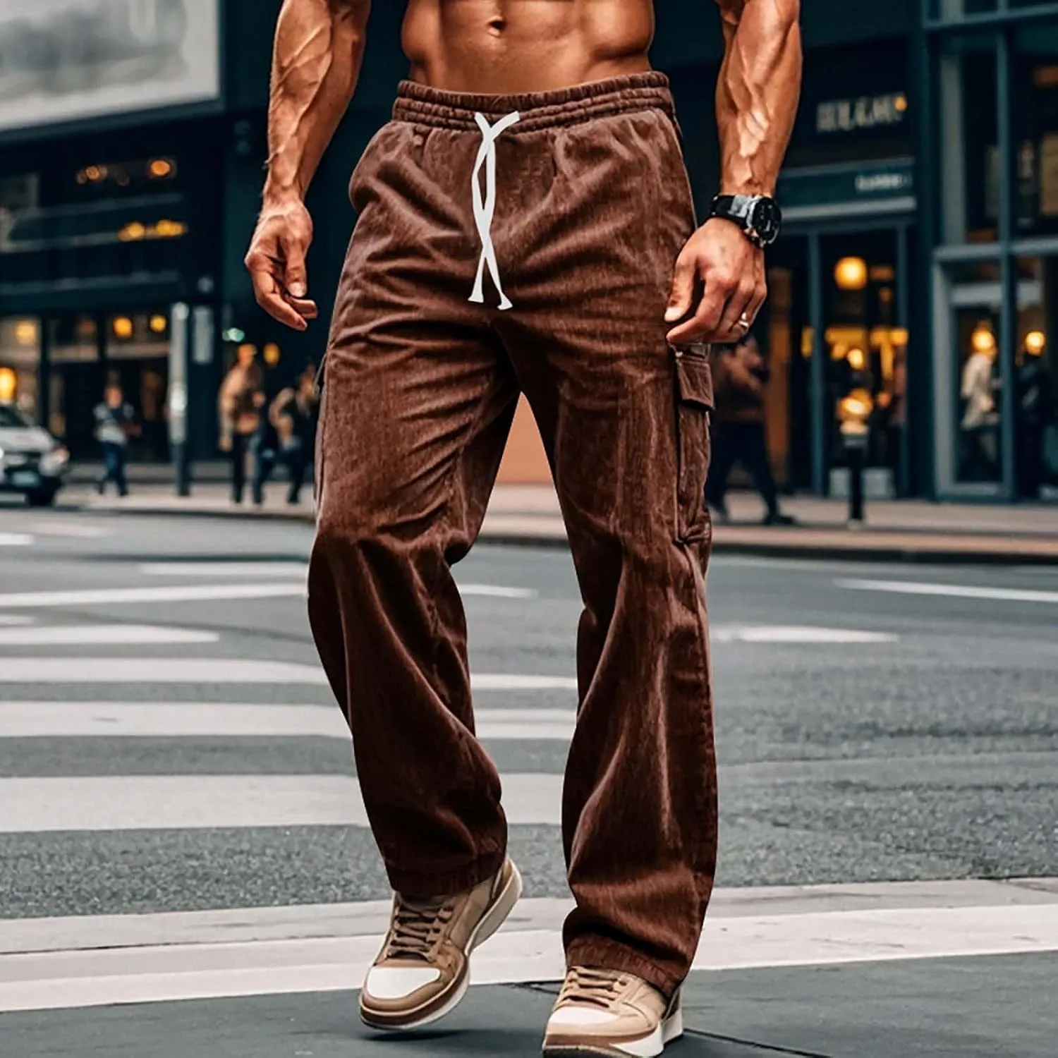Mens Corduroy Cargo Pants Big and Tall Loose Fit Retro Workwear Sweatpants Casual Straight Leg Plus Size Baggy Trousers