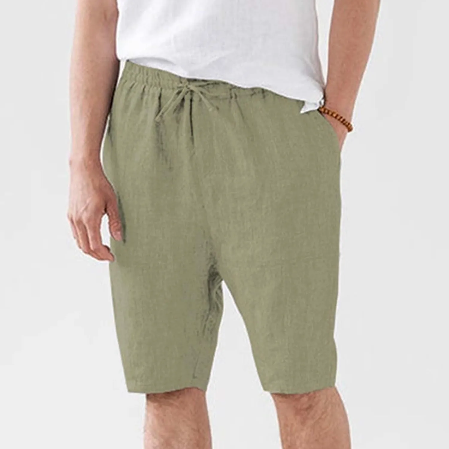 Men's Cotton Linen Shorts with Pockets Solid Color Wide Leg Drawstring Five Pants Lightweight Breathable Summer Basic Capris