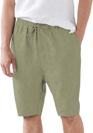 Men's Cotton Linen Shorts with Pockets Solid Color Wide Leg Drawstring Five Pants Lightweight Breathable Summer Basic Capris