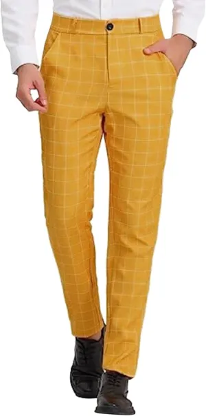 Mens Fashion Slim Fit Dress Pants Casual Work Plaid Skinny Straight Leg Pants Flat Front Business Golf Dress Pants Chinos