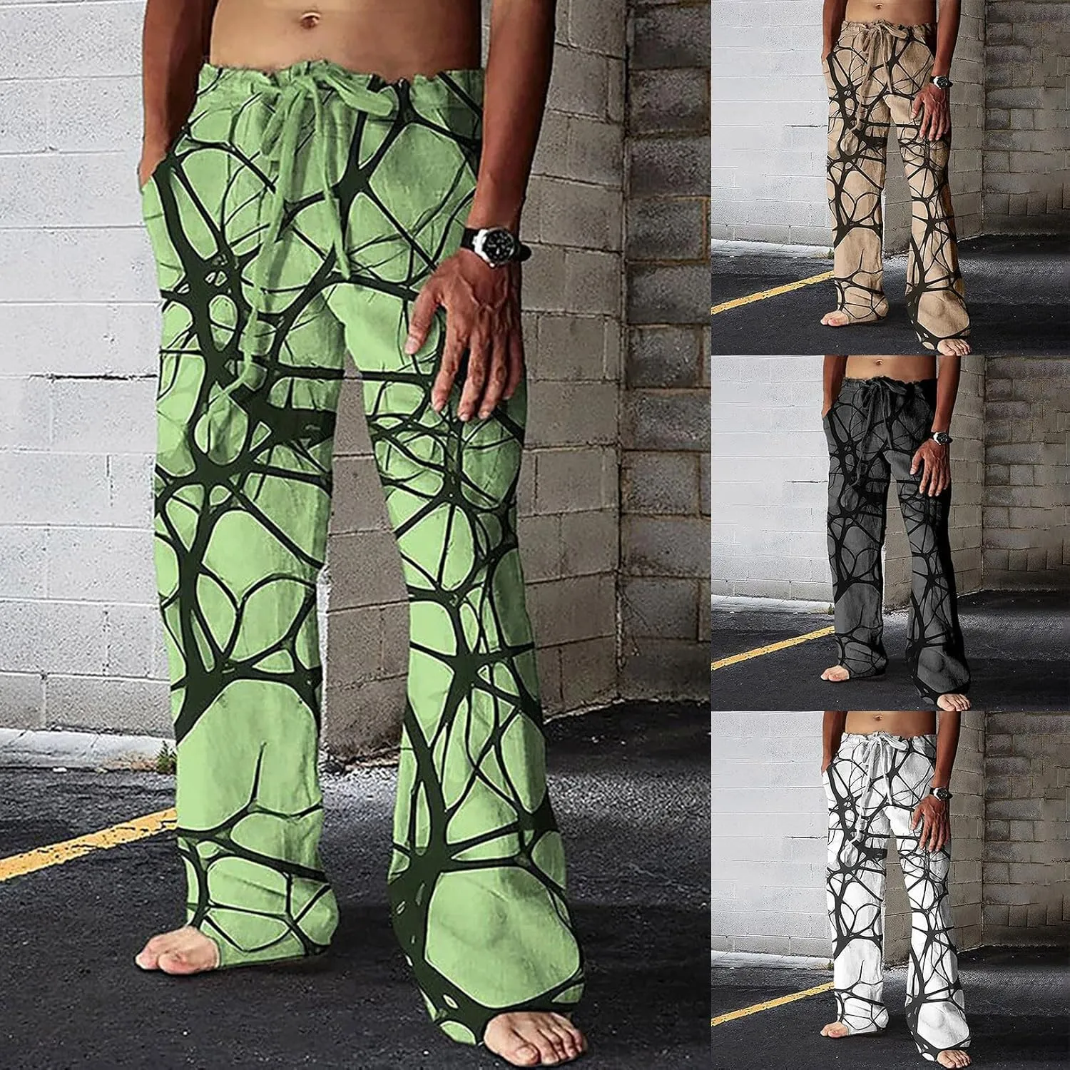 Mens Hiliday Vacation Pants Trousers Elastic Waisted Drawstring 3D Digital Print Beach Palazzo Straight Leg Baggy Casual Pant