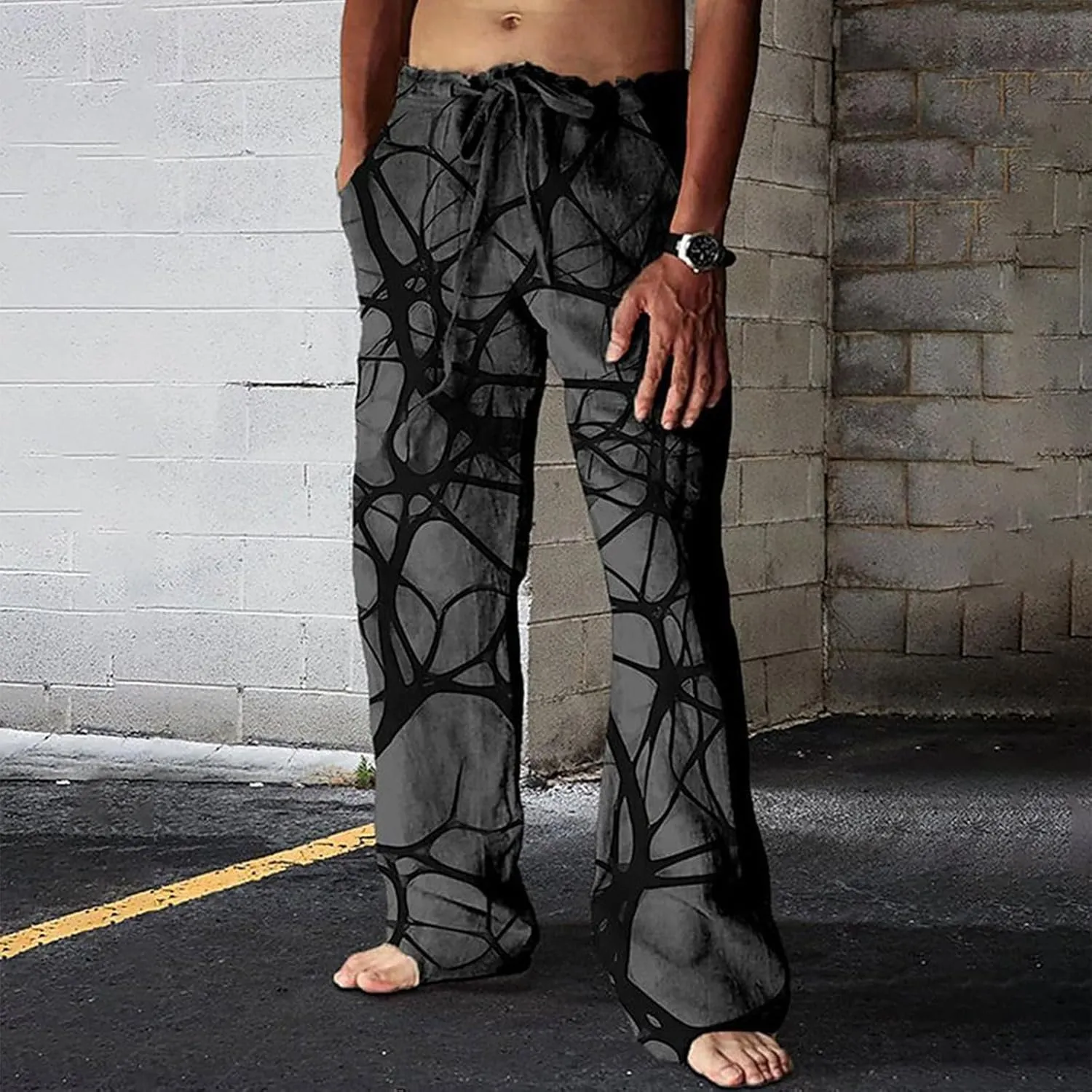 Mens Hiliday Vacation Pants Trousers Elastic Waisted Drawstring 3D Digital Print Beach Palazzo Straight Leg Baggy Casual Pant