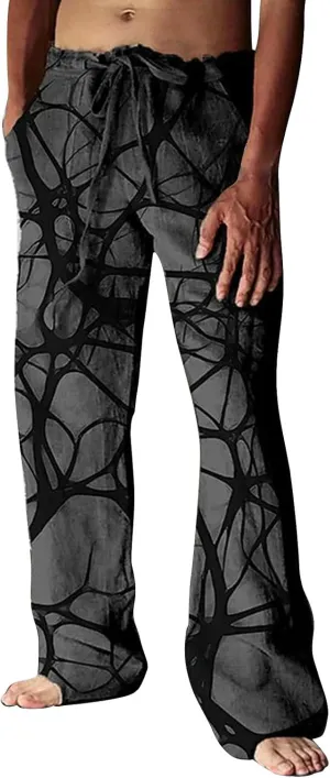 Mens Hiliday Vacation Pants Trousers Elastic Waisted Drawstring 3D Digital Print Beach Palazzo Straight Leg Baggy Casual Pant