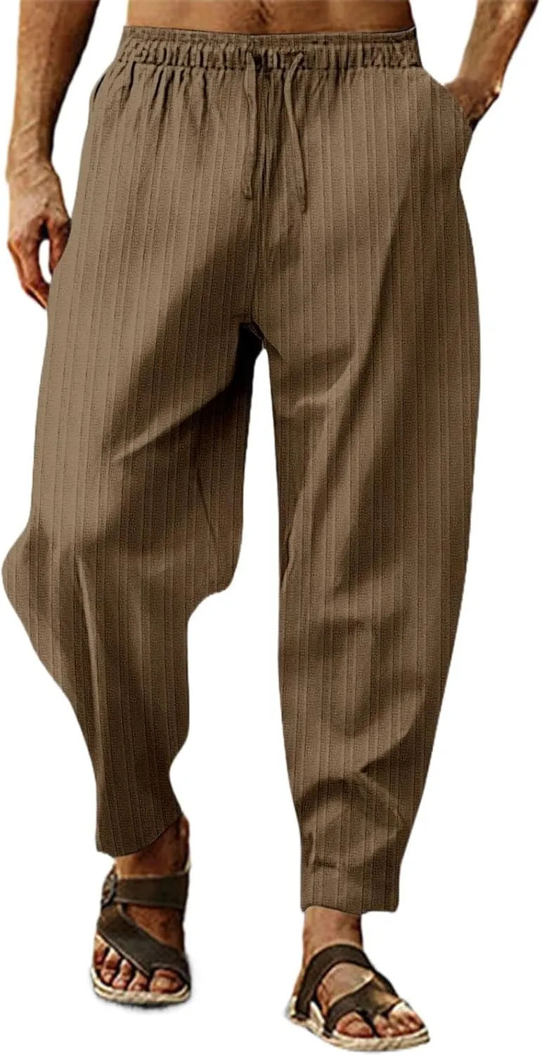 Mens Linen Cotton Drawstring Pants Elastic Waist Drawstring Casual Striped Trousers Trend Hippie Hip Hop Streetwear for Men