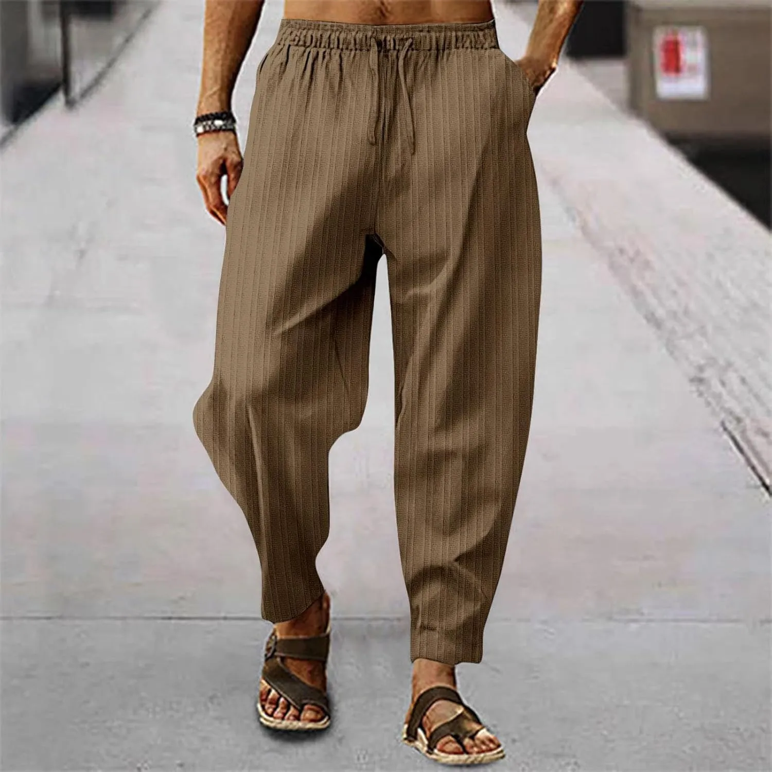 Mens Linen Cotton Drawstring Pants Elastic Waist Drawstring Casual Striped Trousers Trend Hippie Hip Hop Streetwear for Men