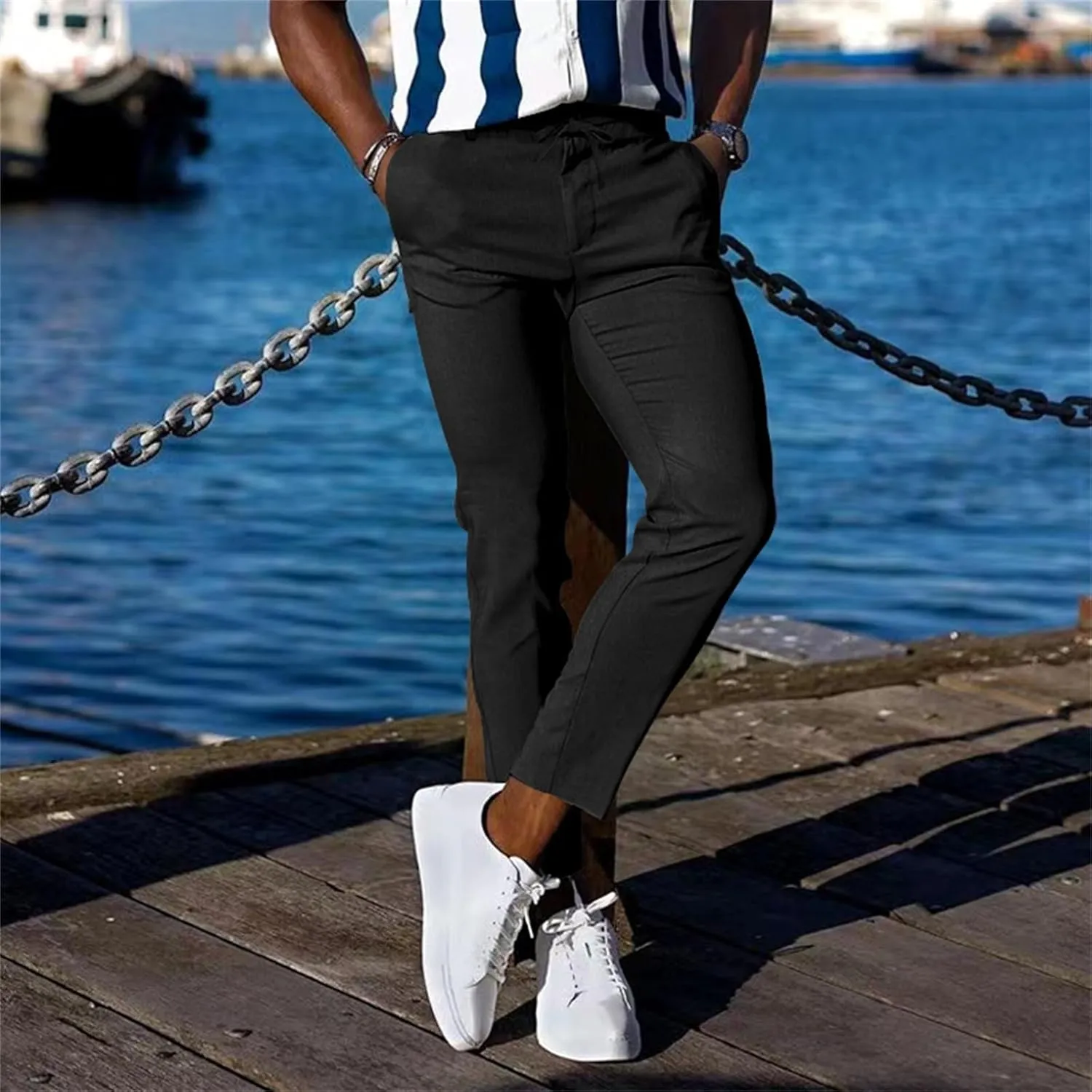 Men's Slim-Fit Flat-Front Stretch Chino Pants Casual Business Skinny Stretch Golf Dress Pants Tapered Leg Pencil Ankle Pants