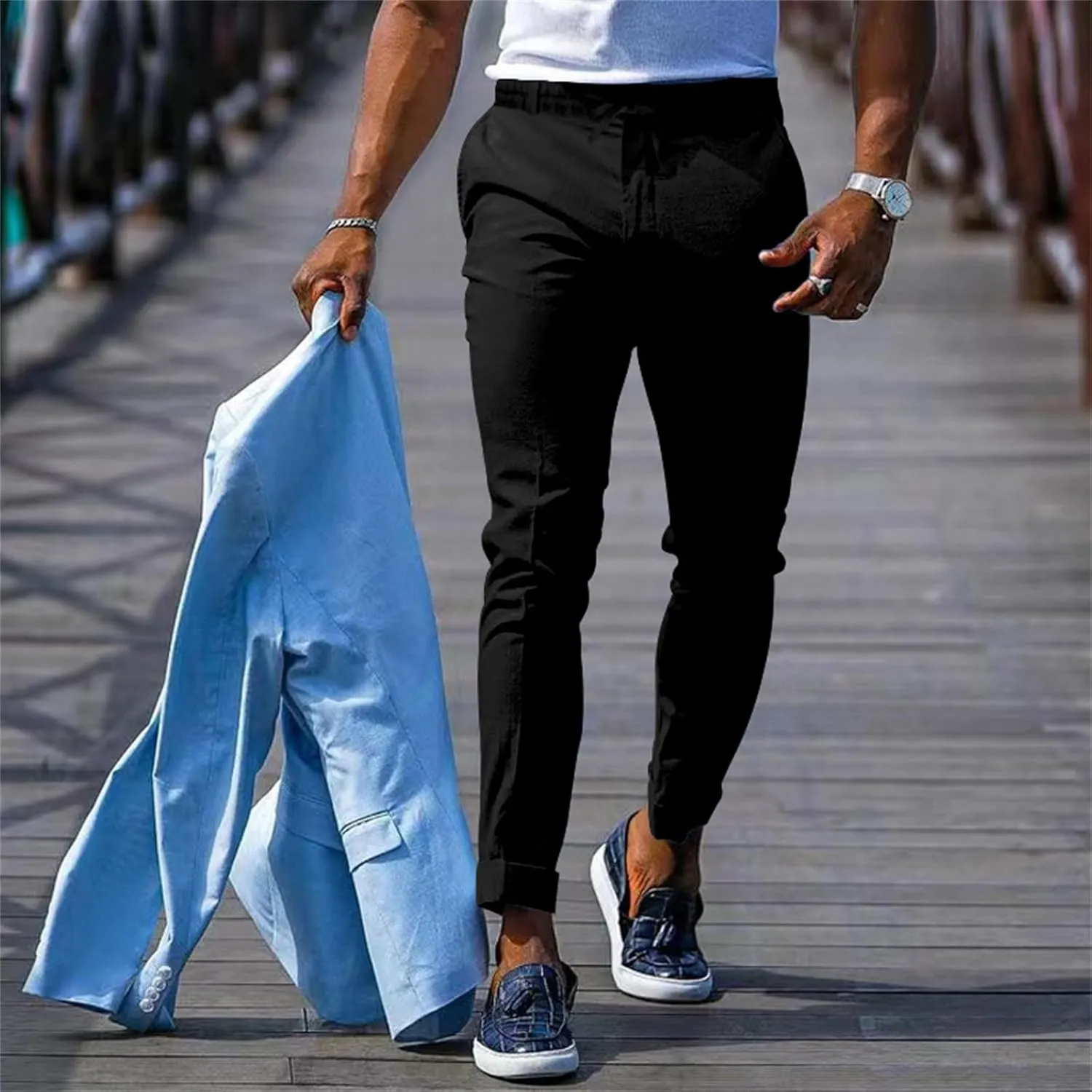 Men's Slim-Fit Flat-Front Stretch Chino Pants Casual Business Skinny Stretch Golf Dress Pants Tapered Leg Pencil Ankle Pants
