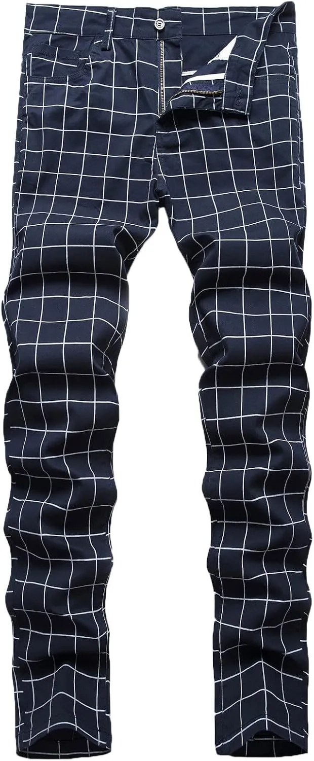 Men's Slim Fit Stretch Plaid Dress Pants Regular Fit Casual Flat-Front Skinny Pencil Pants Business Fashion Chinos Trousers