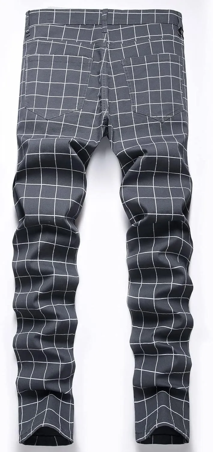 Men's Slim Fit Stretch Plaid Dress Pants Regular Fit Casual Flat-Front Skinny Pencil Pants Business Fashion Chinos Trousers