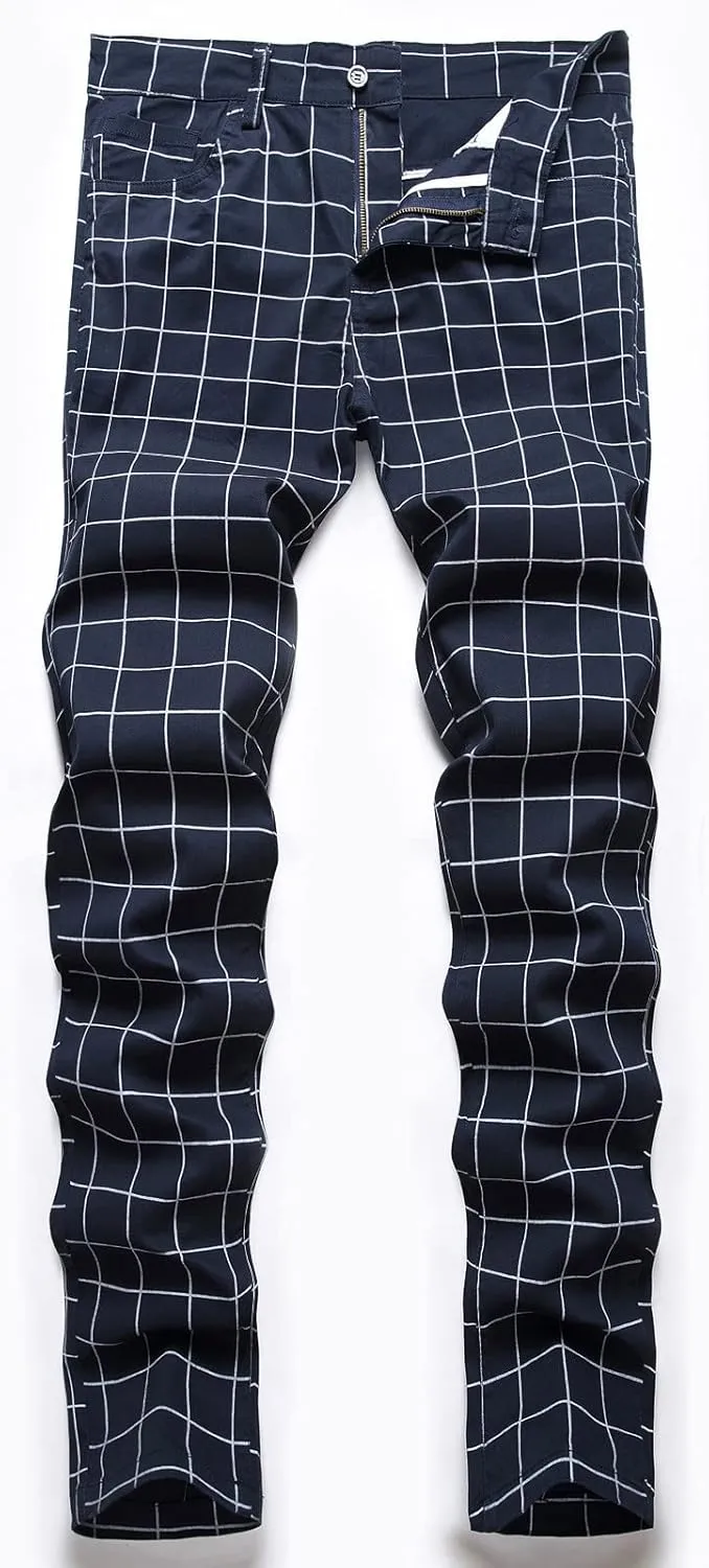 Men's Slim Fit Stretch Plaid Dress Pants Regular Fit Casual Flat-Front Skinny Pencil Pants Business Fashion Chinos Trousers