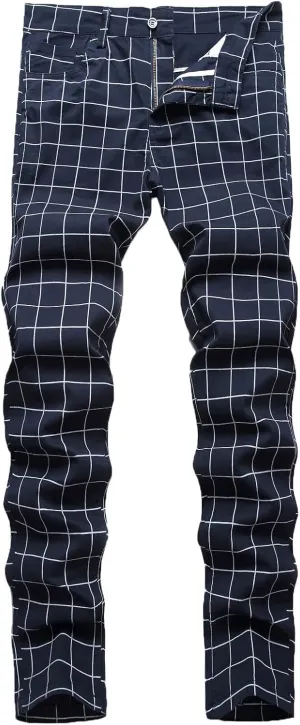 Men's Slim Fit Stretch Plaid Dress Pants Regular Fit Casual Flat-Front Skinny Pencil Pants Business Fashion Chinos Trousers