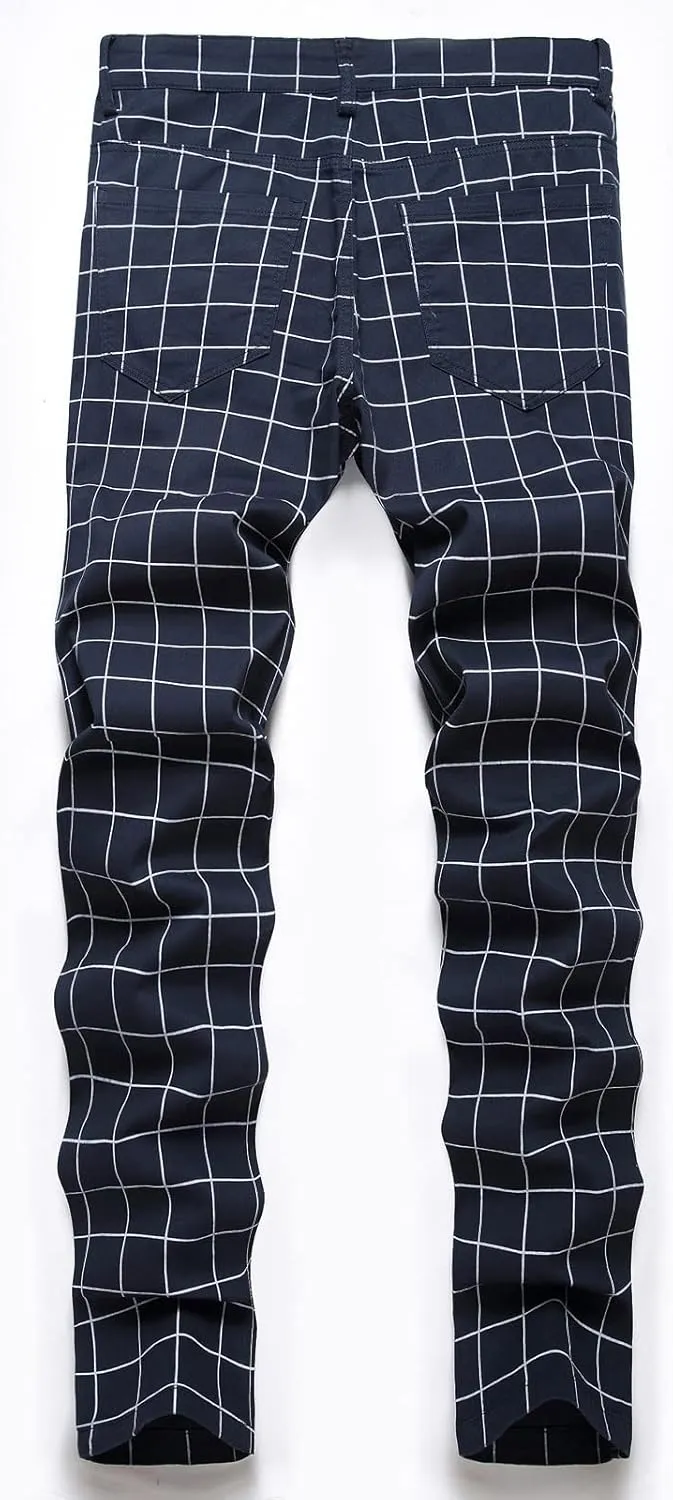 Men's Slim Fit Stretch Plaid Dress Pants Regular Fit Casual Flat-Front Skinny Pencil Pants Business Fashion Chinos Trousers