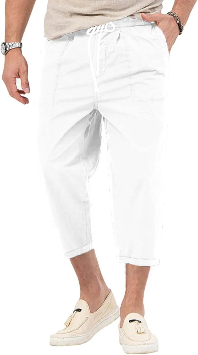 Mens Solid Capri Pants Expandable Drawstring Waist Combat Track Casual Cropped Pant Lightweight Tactical Summer Cozy Trousers