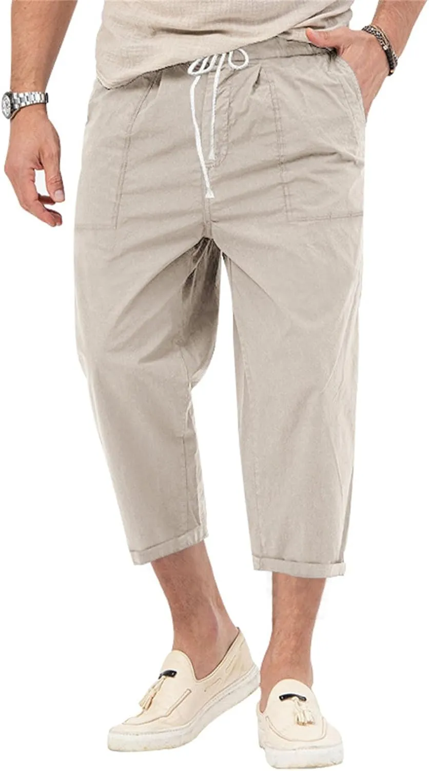 Mens Solid Capri Pants Expandable Drawstring Waist Combat Track Casual Cropped Pant Lightweight Tactical Summer Cozy Trousers