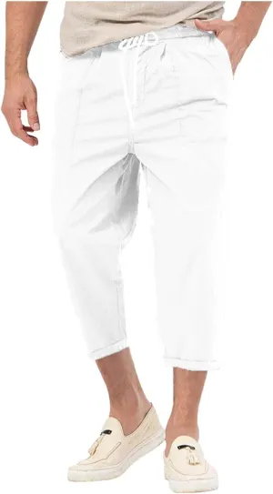 Mens Solid Capri Pants Expandable Drawstring Waist Combat Track Casual Cropped Pant Lightweight Tactical Summer Cozy Trousers