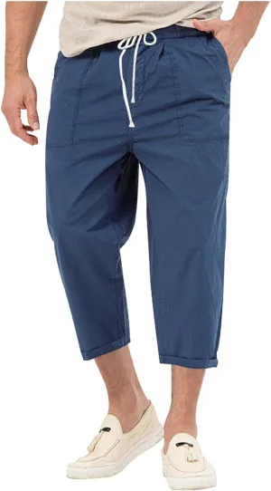 Mens Solid Capri Pants Expandable Drawstring Waist Combat Track Casual Cropped Pant Lightweight Tactical Summer Cozy Trousers