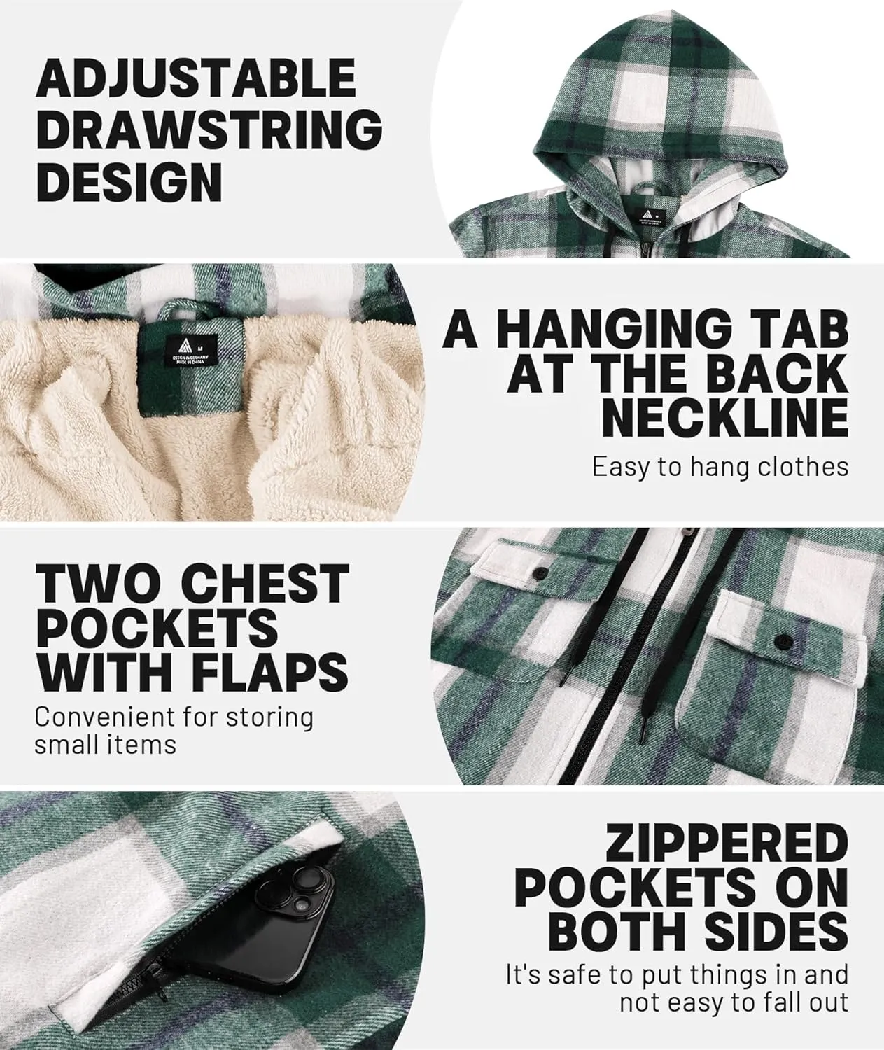 Men's Thick Fleece Plaid Jacket Flannel Shirts Sherpa Lined Full Zip Up Hoodie Winter Coat with Pockets