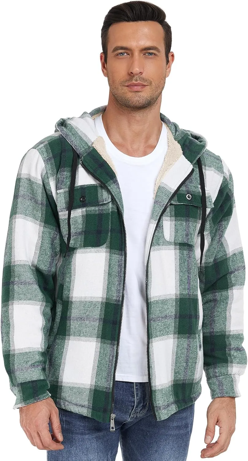 Men's Thick Fleece Plaid Jacket Flannel Shirts Sherpa Lined Full Zip Up Hoodie Winter Coat with Pockets
