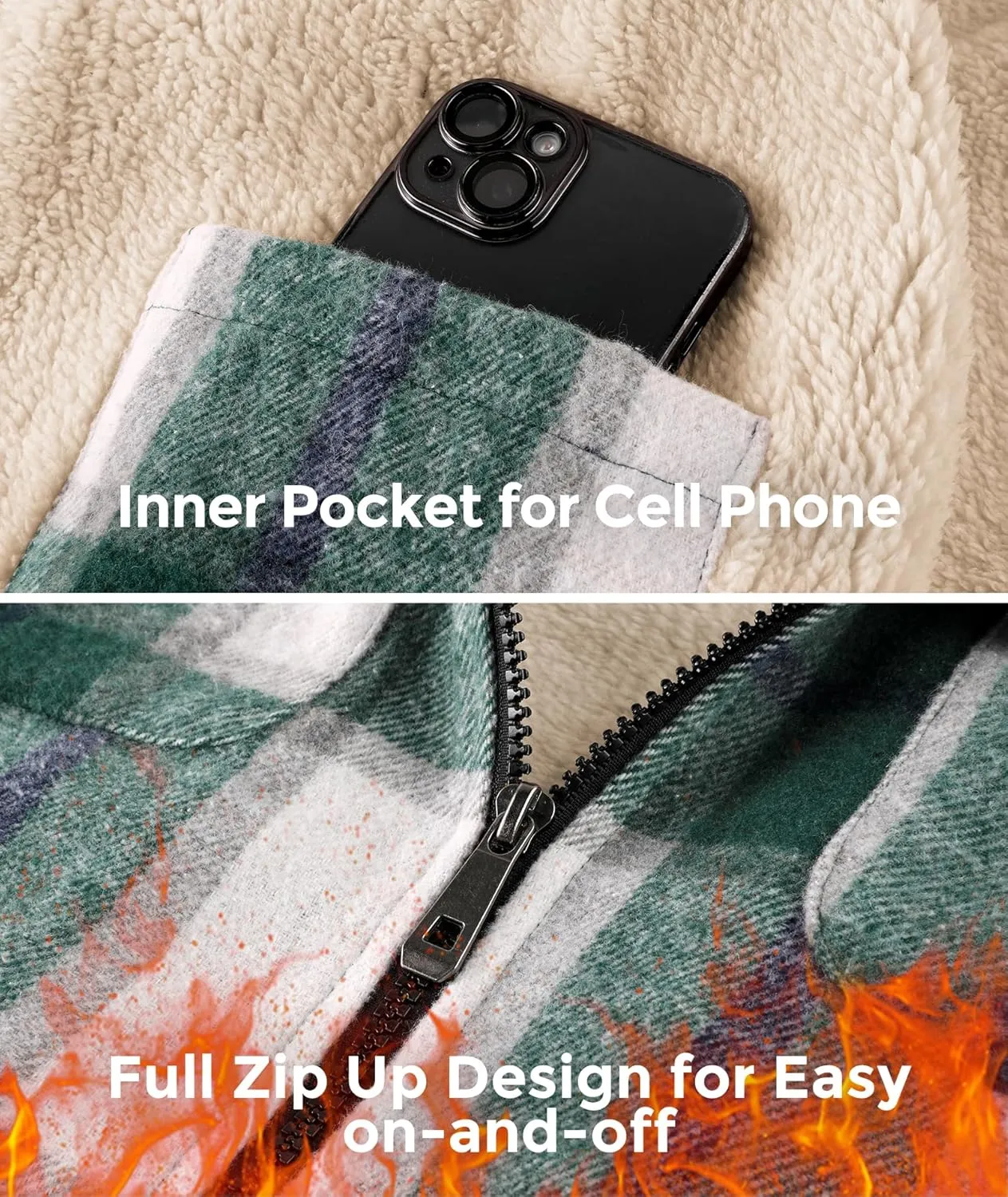 Men's Thick Fleece Plaid Jacket Flannel Shirts Sherpa Lined Full Zip Up Hoodie Winter Coat with Pockets