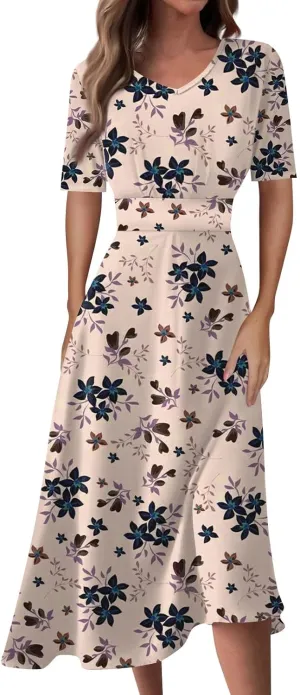 Midi Dresses for Women Printing Waist V Neck Beach Dress Short Sleeve Maxi Dresses A-Line Dressy Swing Dress