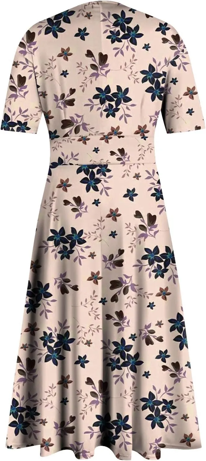 Midi Dresses for Women Printing Waist V Neck Beach Dress Short Sleeve Maxi Dresses A-Line Dressy Swing Dress