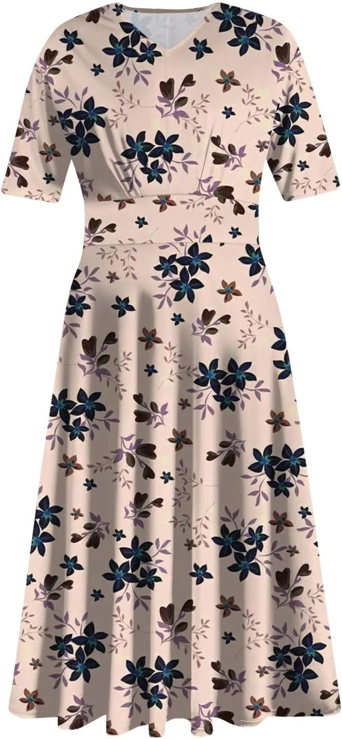 Midi Dresses for Women Printing Waist V Neck Beach Dress Short Sleeve Maxi Dresses A-Line Dressy Swing Dress