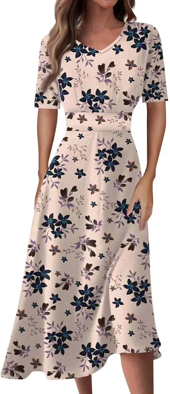 Midi Dresses for Women Printing Waist V Neck Beach Dress Short Sleeve Maxi Dresses A-Line Dressy Swing Dress